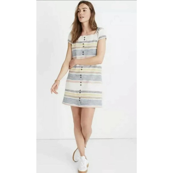 Madewell Texture & Thread Dress Cap Sleeve Button Front Striped Comfy SZ Medium - Picture 2 of 11